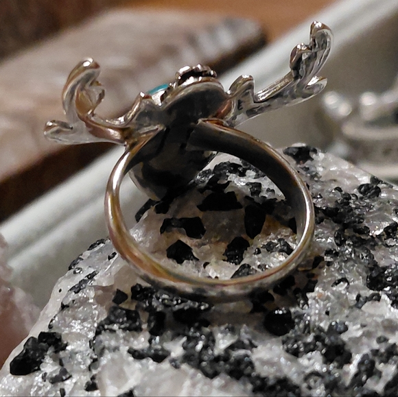 Silver Antler Deer Turquoise Ring Size 7.25 - Picture 3 of 13